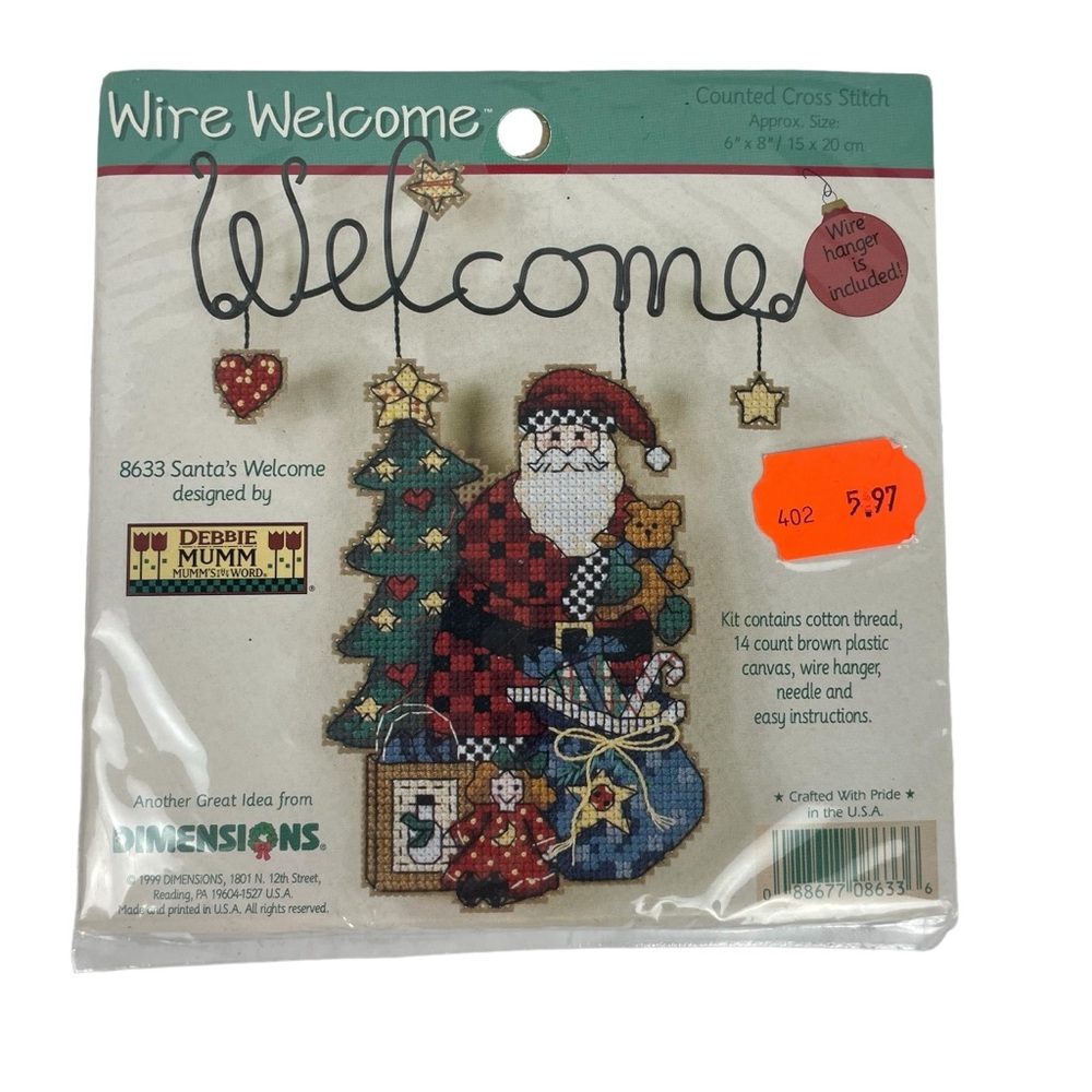 Vintage 90s Dimensions Holiday Counted Cross Stitch Kit Welcome Santa With Wire